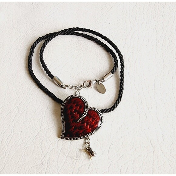 Lia Sophia Red Enamel Heart Pendant Black Cord Burning Love Necklace - Picture 1 of 7